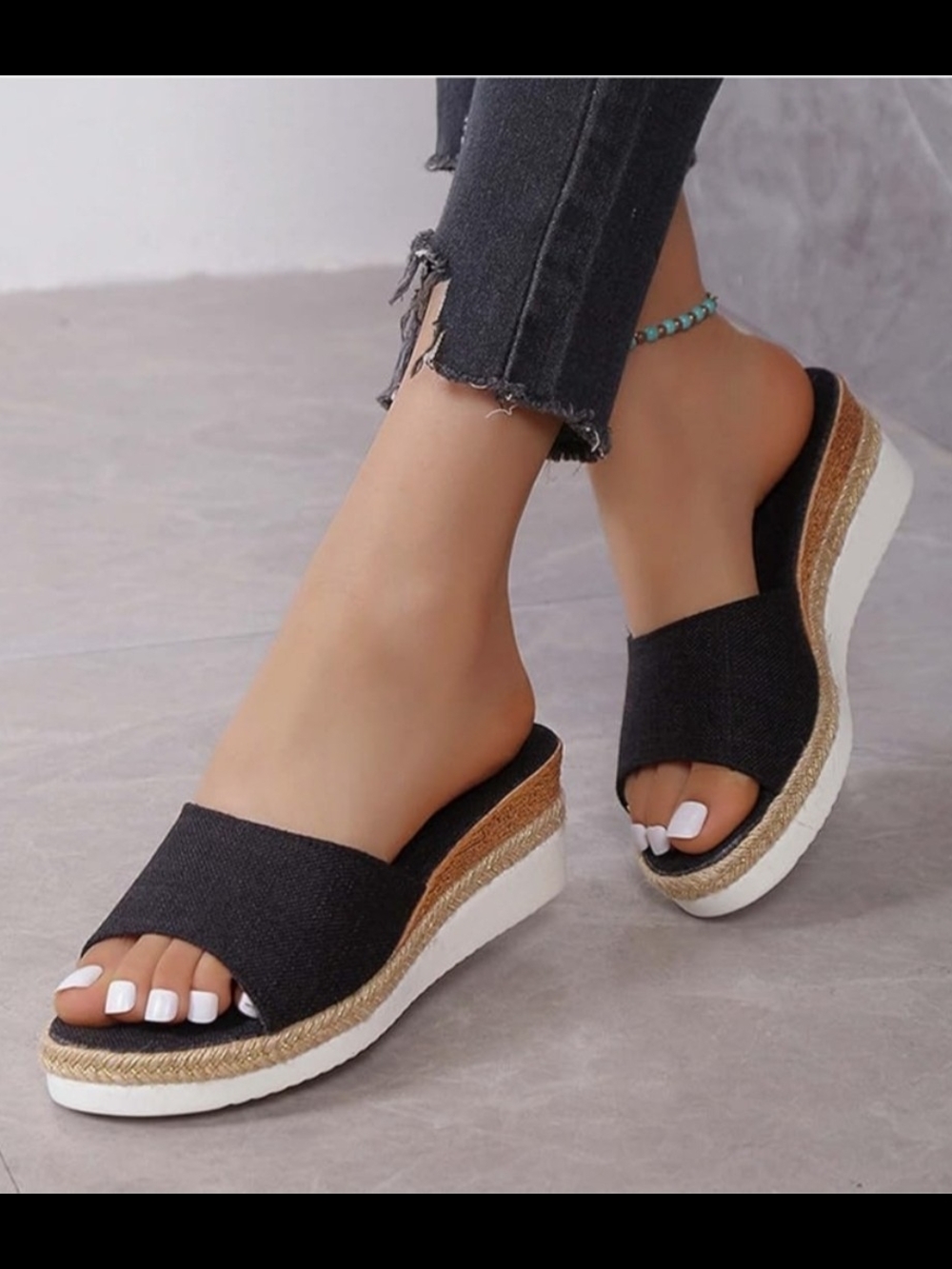 Women’s Black Slide Wedge Open Toe Slip On Sandals (Size 41)